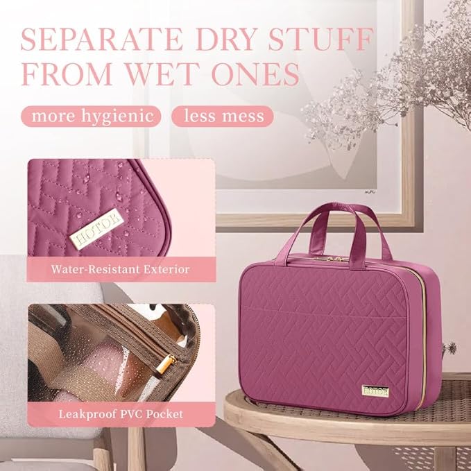 HOTOR Travel Toiletry Bag - Hanging Toiletry Bag for Women & Men, Makeup Bag/Big Comparment, Waterproof for Travel Accessories, Travel Essentials, Large, Rosewood-Pink