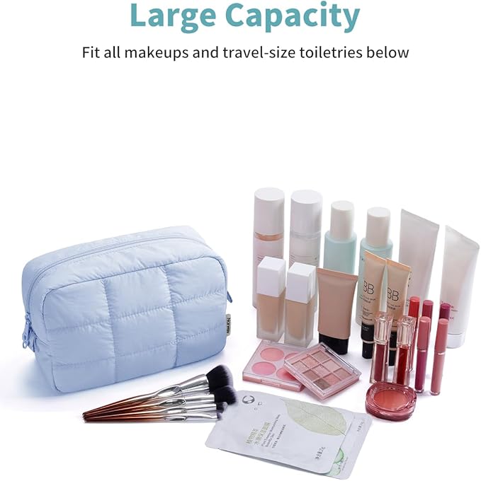 Narwey Quilted Makeup Bag for Women Girl, Puffer Travel Cosmetic Bag Puffy Make Up Bag Organizer, Cute Travel Toiletry Bag for Toiletries (Blue)