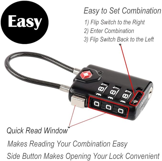 SURE LOCK TSA Approved Combination Luggage Locks with Open Alert Indicator – Durable Zinc Alloy Cable Travel Locks with Large Easy-Read Dials for Suitcases, Backpacks & Gym Bags(Black 6 Pack