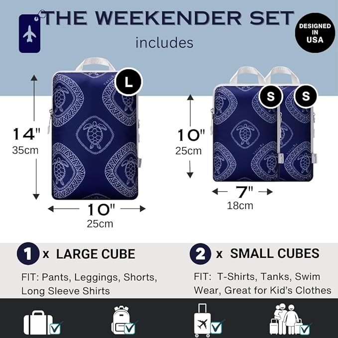 Compression Packing Cubes for Kids & Adults, Compressible Carry On Suit Case Organizer Luggage Kids Packing Cubes for Baby Bag Organizer Pouches for Luggage Blue Turtle 3pc Set