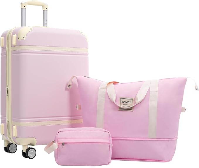 Merax Suitcase Set 24 inches Expandable Luggage with TSA Lock Spinner Wheels Hardshell Lightweight Vintage Luggage with Travel Bag,Light Pink