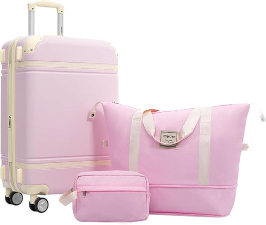 Merax Suitcase Set 24 inches Expandable Luggage with TSA Lock Spinner Wheels Hardshell Lightweight Vintage Luggage with Travel Bag,Light Pink