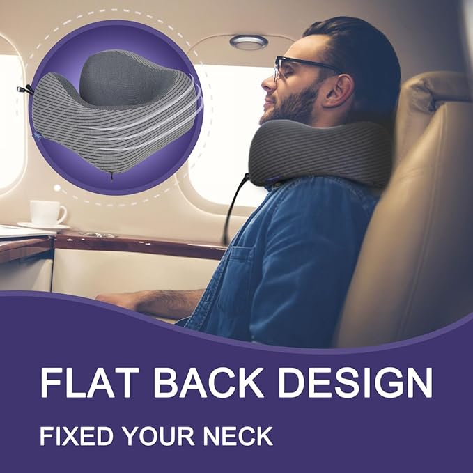 napfun Neck Pillow for Travel with Travel Pouch, Sleep Mask & Earplugs, Memory Foam Airplane Pillow for Headrest Sleep with Eyeshades, Plane Essentials with Eye Blindfold, Dark Gray Striped Kit