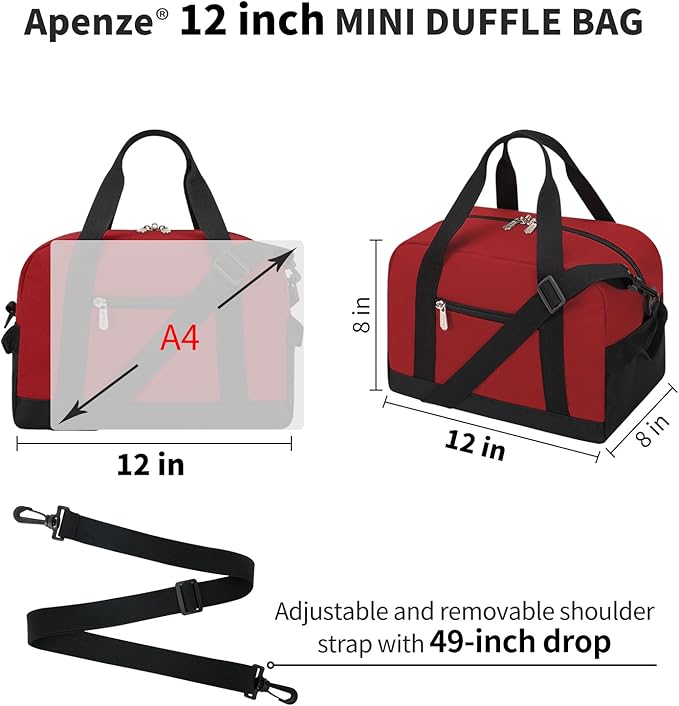 Small Gym Bag Carry On Bag - 12 in Mini Duffle Bag Lightweight for Overnight Travel（Red)