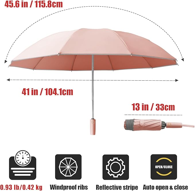 Fogkey Large Windproof Travel Umbrella, Portable Reverse Folding Car Umbrella, Compact Inverted Design with Waterproof Canopy, Automatic, 10 Durable Ribs, 45.6/13 Inch, Fits Backpack