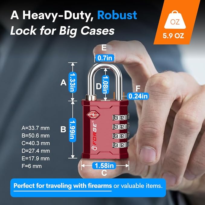 FORGE 4 Digit 17067 TSA Approved Gun Box, Tool Box and Case Lock, Combination Padlock for Travel, RED 1 Lock.