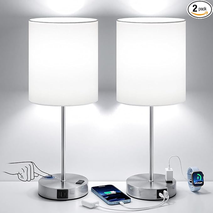 17.6" Silver Touch Lamps for Bedroom Set of 2, Dimmable, USB C+A, AC Outlet | Large 17.6" Tall Lamp, 3-Way Dimming, 5000K Daylight Bulbs, White Lampshade Silver Base, for Living Room, Boys, Men, Girls