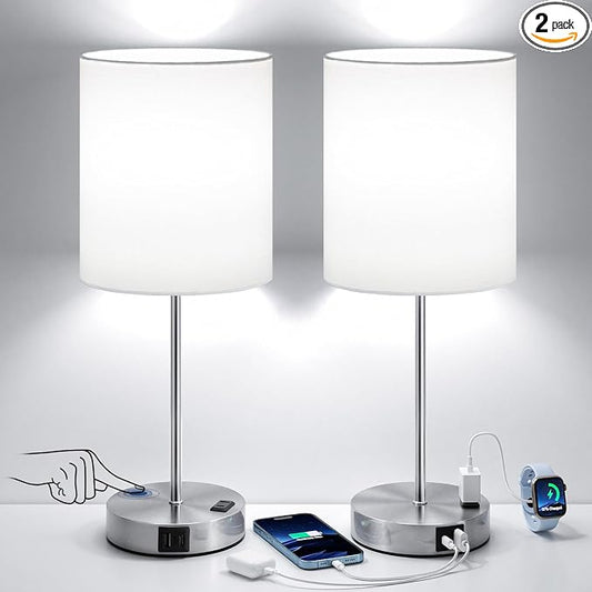 17.6" Silver Touch Lamps for Bedroom Set of 2, Dimmable, USB C+A, AC Outlet | Large 17.6" Tall Lamp, 3-Way Dimming, 5000K Daylight Bulbs, White Lampshade Silver Base, for Living Room, Boys, Men, Girls