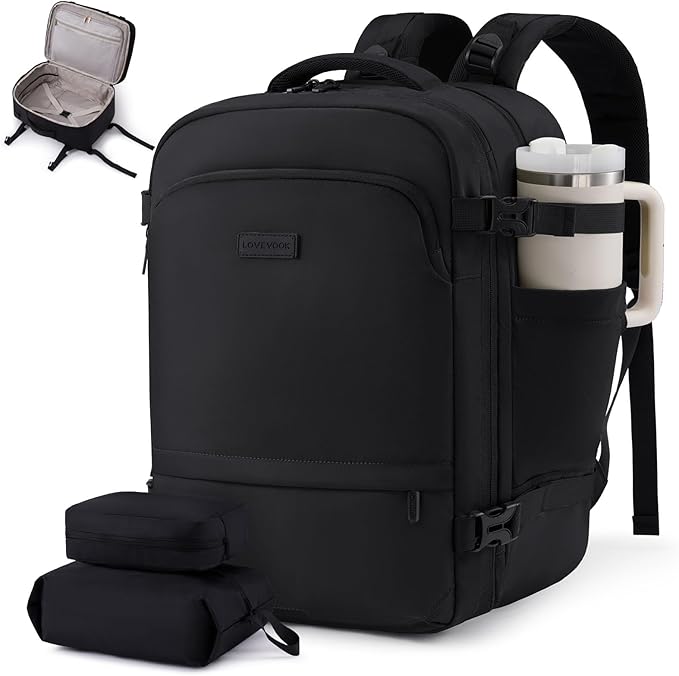 LOVEVOOK Travel Backpack for Women & Men, Carry On Backpack with Cup Holder, Personal Item Travel Bag Flight Approved with Padded Laptop Compartment, Weekender Daypack With 2 Cubes, 17.3 Inch Black