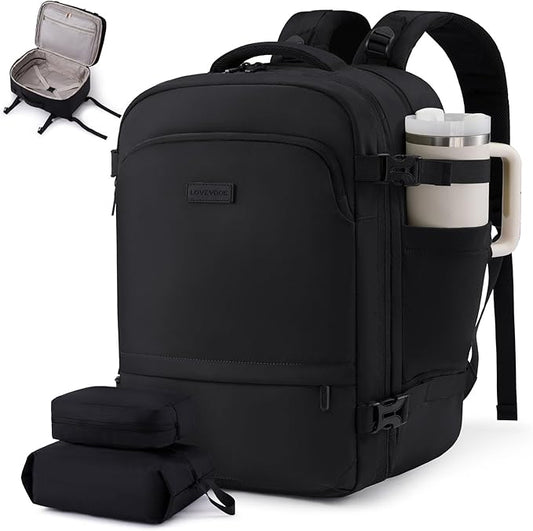 LOVEVOOK Travel Backpack for Women & Men, Carry On Backpack with Cup Holder, Personal Item Travel Bag Flight Approved with Padded Laptop Compartment, Weekender Daypack With 2 Cubes, 17.3 Inch Black