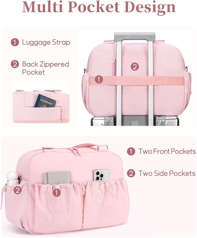 Carry On Duffle Bag with 15.6 Inch Laptop Compartment, Gym Bag for Women with Wet Pocket, Shoe Bag and Toiletry Pouch, Personal Item Travel Duffel Weekender Overnight Bags, Pink