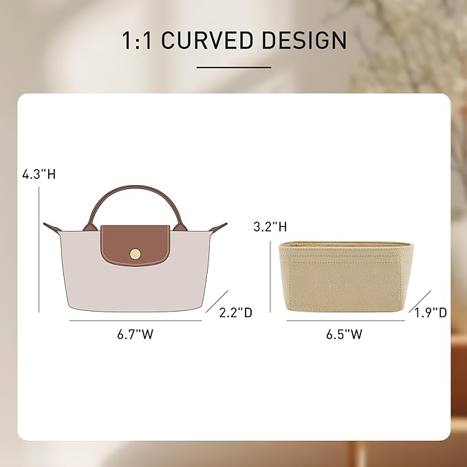Small Purse Organizer Insert Compatible with Longchamp Mini LePliage Xtra/Original/Green XS Pouch, Felt Handbag Organizer Divider Shaper Inner with Zipper, Beige/XS