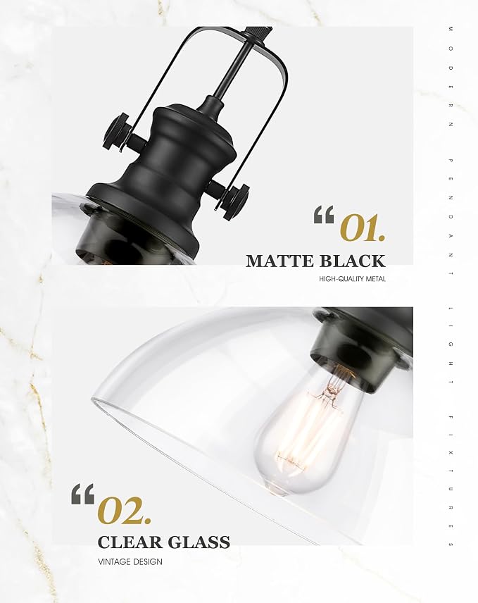 Large Pendant Lights Kitchen Island, 10.5" Farmhouse Black Pendant Lighting with Clear Glass Shade, Vintage Hanging Light Fixtures for Dining Room Entryway, Adjustable Cord, AD-22151-1PL-BK-C