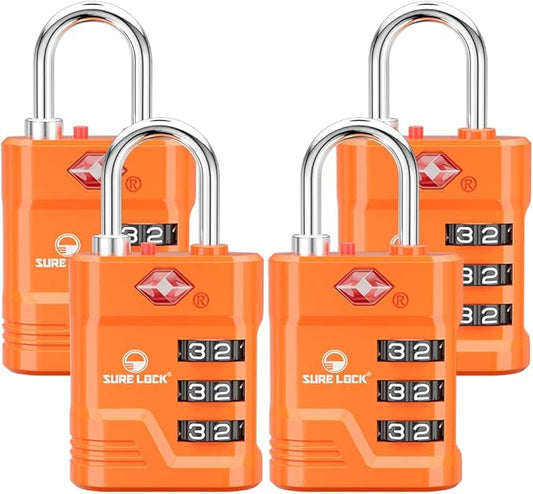 SURE LOCK TSA Approved Luggage Lock – 3-Digit Resettable Combination Padlock with Open Alert Red Dot, Large Easy-Read Dials for Suitcases, Backpacks, Gym & School Lockers(Orange 4 pk)