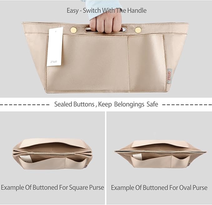 ZTUJO Purse Organizer Insert For Handbags, Silky Bag Organizer With 2 Zippers For Speedy Neverful Tote and More (Beige, Medium)