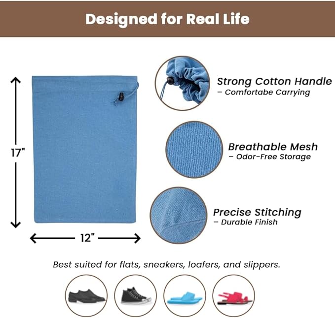 LFH Cotton Rich Shoe Storage Bags with Drawstring, Breathable Reusable Organizer, Perfect For Travel, Dorm, Hotel, College, Gym, Easy to Carry, Machine Washable 12"x17" (Pack of 4) - Sky Blue