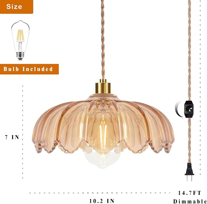 QIYIZM Plug in Pendant Light Hanging Lights with in Cord Mid Century Modern Gold Hanging Lamp Flower Glass Amber Vintage Dimmable Chandelier Ceiling Fixture for Living Room,Kitchen,Boho
