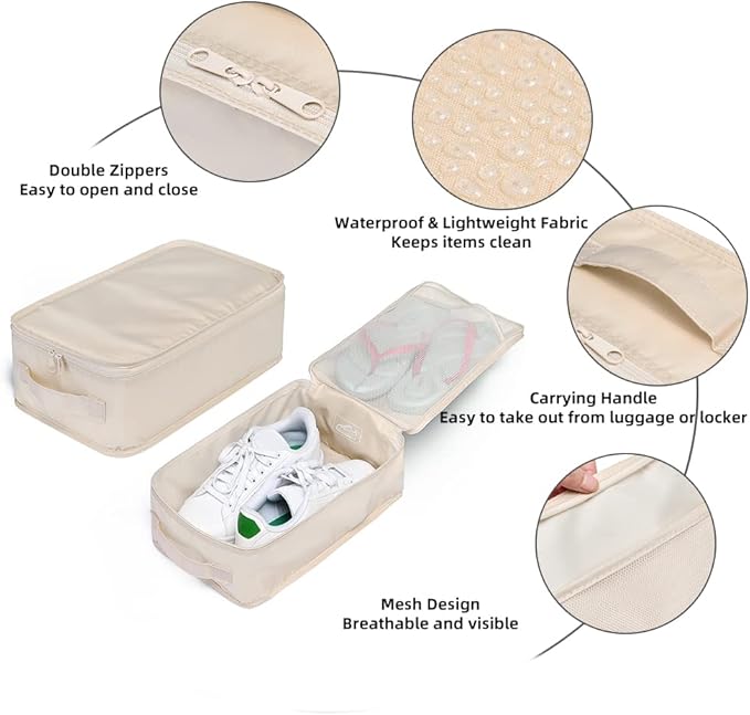 Travel Shoe Bags, Foldable Waterproof Shoe Pouches Organizer-Double Layer (2+2 Cream Shoe Bags)