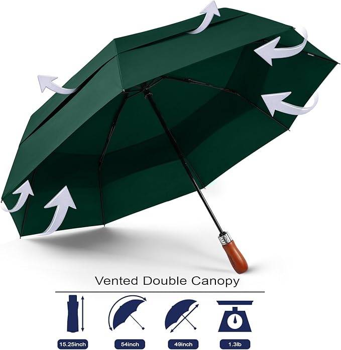 Lejorain Large Folding Golf Umbrella - Compact Mens Umbrellas Travel Rain and Windproof 54inch Collapsible Automatic Open Close Umbrella 210T Teflon Vented Double Canopy