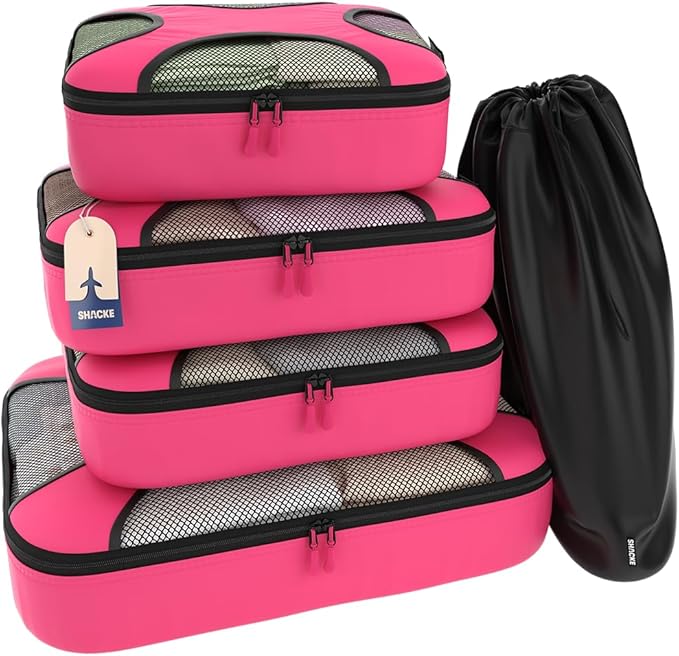 Shacke Packing Cubes for Travel 5 Set - Compression Luggage Organizer Bags - Versatile Travel Organizer for Women and Men - Optimized Packing Bags - Travel Essentials (Precious Pink)