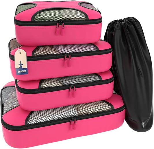 Shacke Packing Cubes for Travel 5 Set - Compression Luggage Organizer Bags - Versatile Travel Organizer for Women and Men - Optimized Packing Bags - Travel Essentials (Precious Pink)