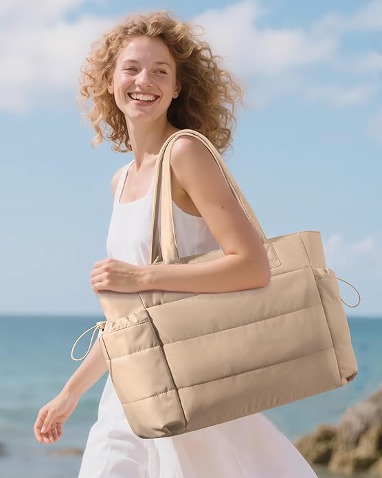 LOVEVOOK Tote Bag for Women with Giant Tumbler Holder Pocket, Puffer Work Travel Laptop Handbag with Zipper for Nurse Teacher