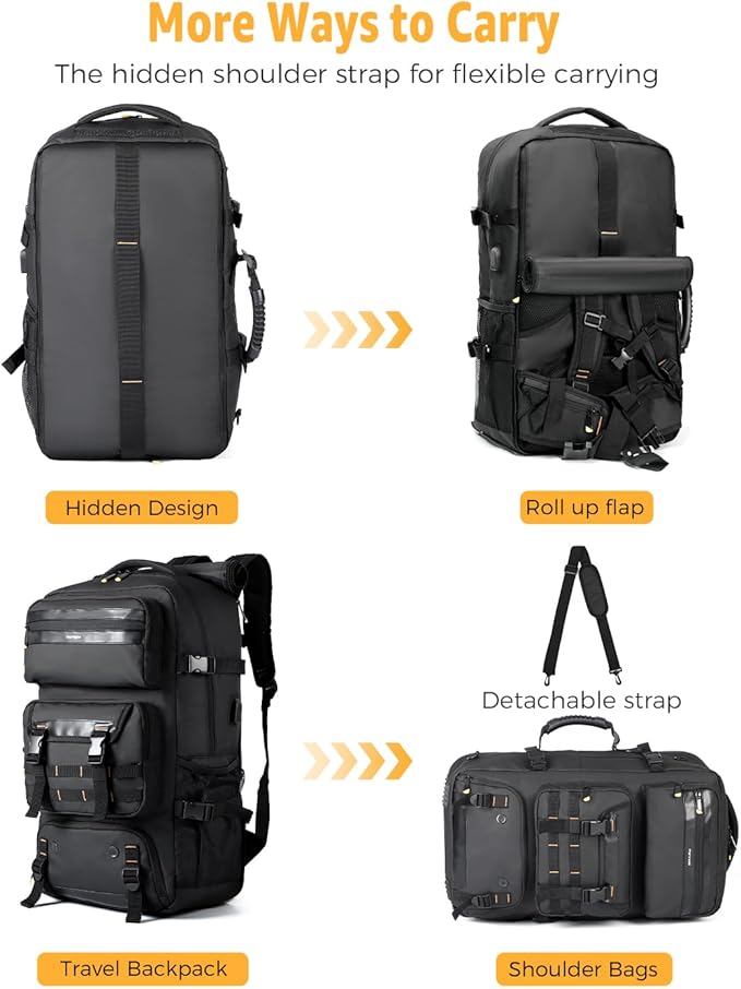 Ponhog Travel Backpack for Men, 50L Carry On Flight Approved Convertible Duffle Bag with Shoe Compartment, 17 inch Laptop Luggage with USB Charging Port for Weekender Hiking, Black