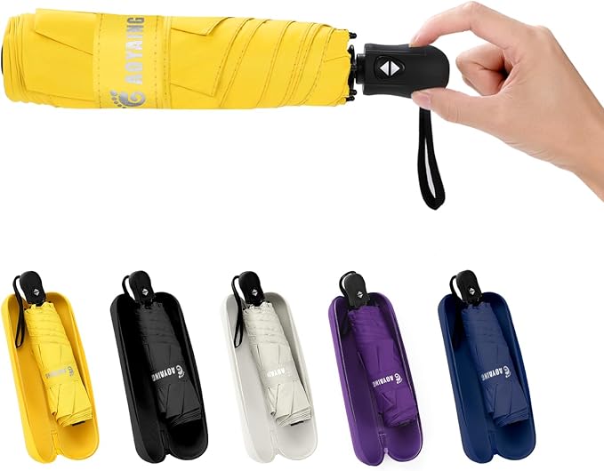 GAOYAING Mini Compact Travel Umbrella with Reflective Safety Stripes, Portable Folding Design with Case