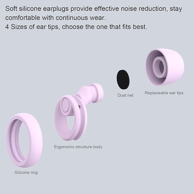 Ear Plugs for Noise Reduction, Reusable Concert Earplugs Hearing Protection, Soft Silicone Ear Plugs for Sleeping, Focus, Noise Sensitivity - Ear Tips in XS/S/M/L - Purple