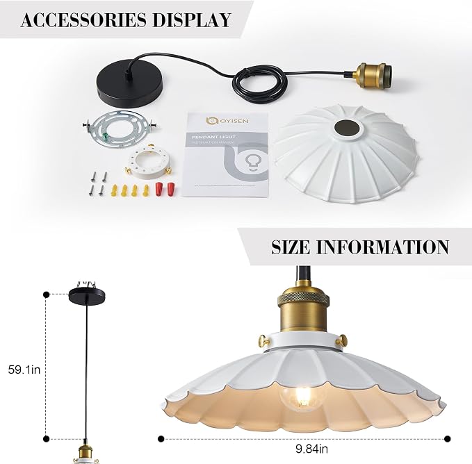 White Pendant Lights, Modern Hanging Lamp with 9.8 Inch Industrial Shade for Kitchen Island, Farmhouse Pendant Lights Kitchen Island 6.5Ft Adjustable Cord Pendant Light Fixtures