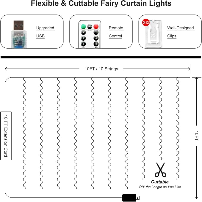 300 LED Fairy Curtain Lights, 9.8 x 9.8FT Warm White USB Plug in 8 Modes String Hanging Lights with Remote for Christmas, Bedroom, Indoor, Outdoor, Weddings, Party (Multi-Colored)
