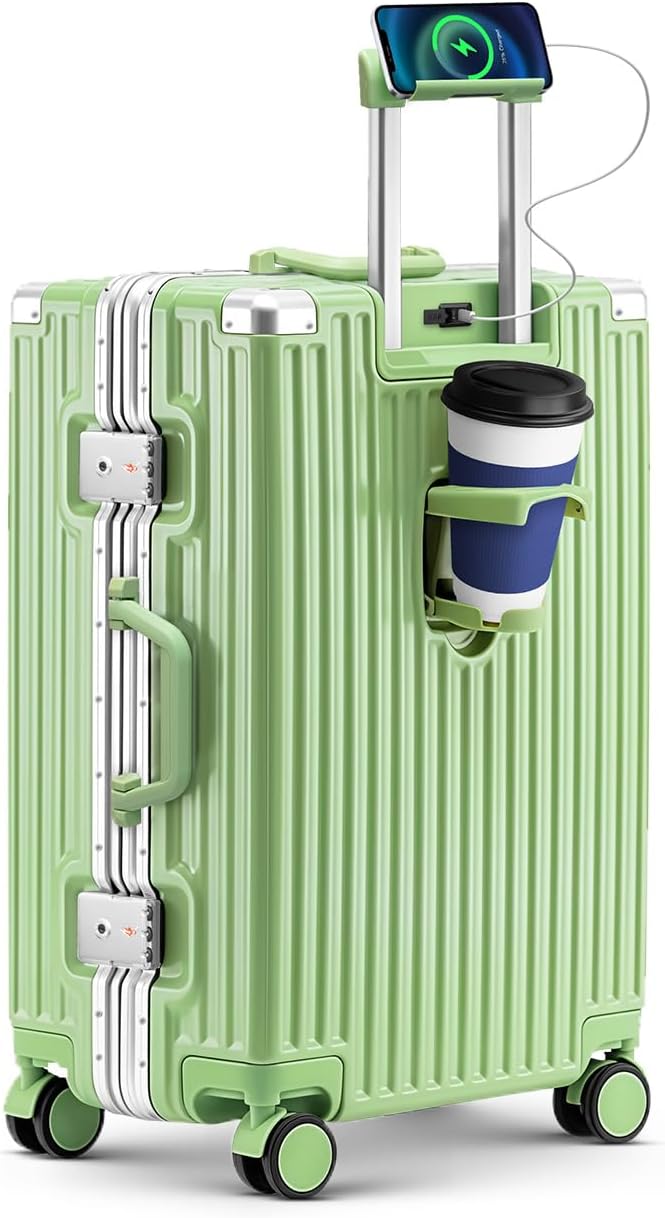 20 Inch Carry On Suitcase, Aluminum Frame Zipperless Hard Shell Luggage with Spinner Wheels, TSA Lock, USB Charging Port, Phone Holder, Cup Holder for Business Travel and Trips, Fruit Green