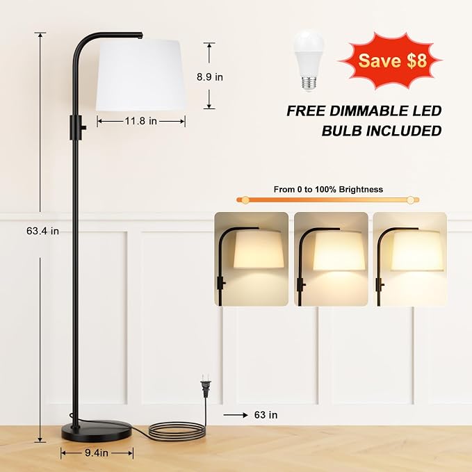 Fully Dimmable Floor Lamp with 9W LED Bulb, Standing Lamp for Living Room with Adjustable Head, Modern Tall Light with Rotary Switch for Office, Black and White