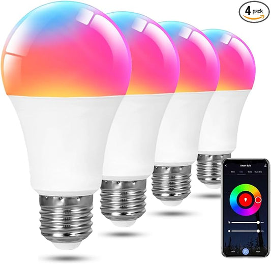 A19 Smart Light Bulb, 9W 900LM RGB+CCT LED Bulb - 16 Million Vibrant DIY Colors, Music Sync via Tuya, Works with Alexa & Google Assistant - 2.4GHz No Hub Required for Home Decor(4Pack)