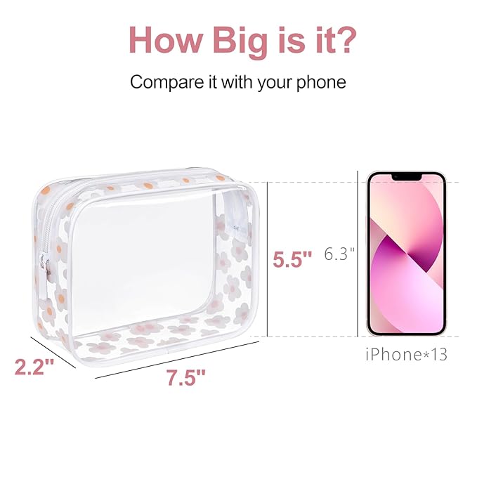 F-color TSA Approved Toiletry Bag 3 Pack Medium - Clear Makeup Bag Travel Quart Size for Women Men, Clear Cosmetic Bag Airport Airline Compliant Carry on Bag, Flower Print