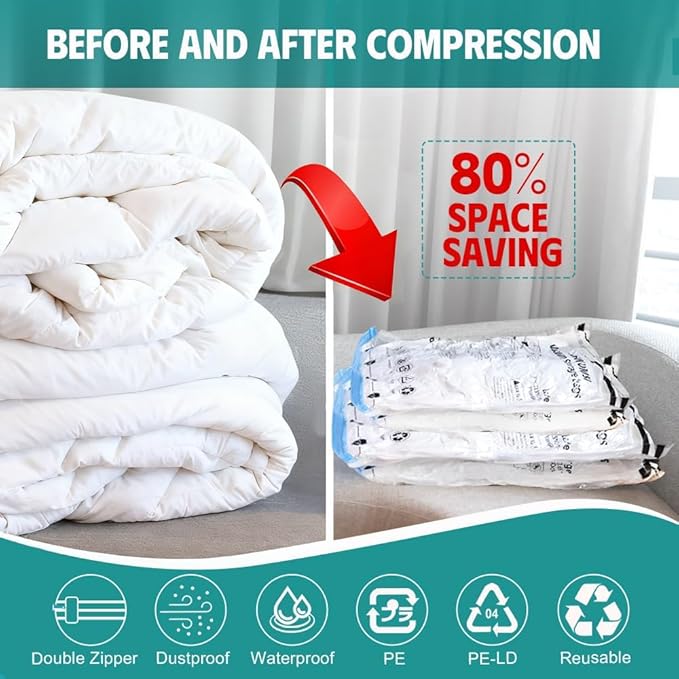 20 Pack Vacuum Storage Bags, Vacuum Seal Bags for Clothing, Comforters, Blankets, Space Saver Vacuum Storage Bags with Hand Pump. (4×Jumbo, 4×Large, 4×Medium, 4×Small, 4×Roll)