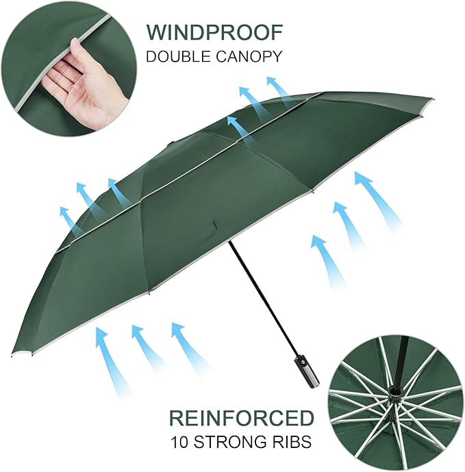G4Free 54/62 Inch Windproof Inverted Umbrella with Reflective Stripe Large Compact Reverse Golf Umbrella for Rain 10 Ribs Double Canopy Travel Umbrella Automatic Open Close