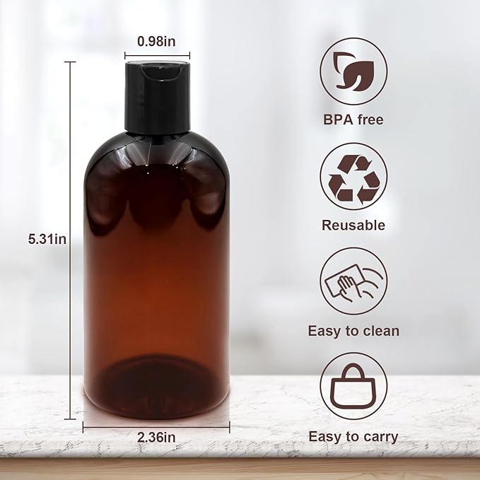 2 Pack 8 oz Amber Plastic Shampoo Bottles with Black Disc Caps Refillable Leak-Proof Travel Squeeze Containers for Conditioner Toiletries Liquid Soap Lotion Essential Oils