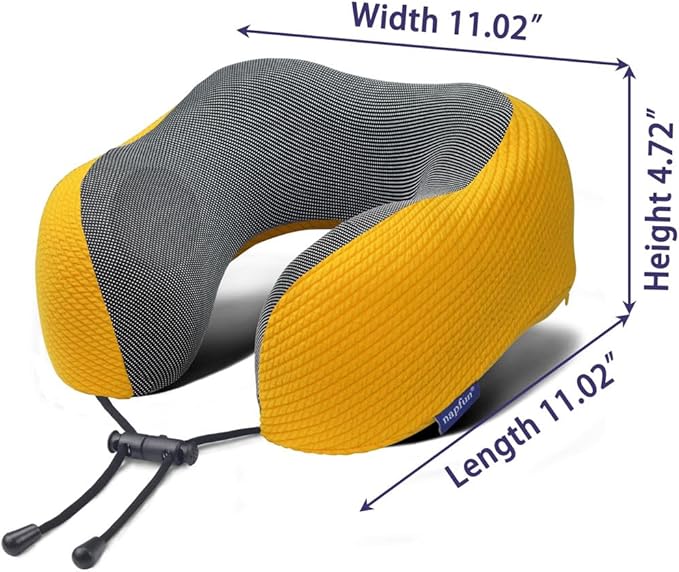 napfun Neck Pillow for Travel with Travel Pouch, Sleep Mask & Earplugs, Memory Foam Airplane Pillow for Headrest Sleep with Eyeshades, Plane Essentials with Eye Blindfold, Yellow Striped Kit