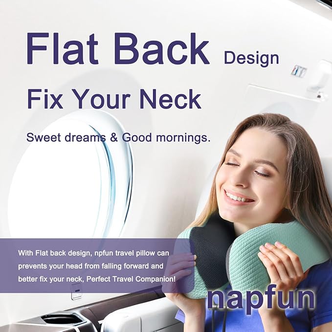 napfun Neck Pillow for Travel with Travel Pouch, Sleep Mask & Earplugs, Memory Foam Airplane Pillow for Headrest Sleep with Eyeshades, Plane Essentials with Eye Blindfold, Turquoise Striped Kit