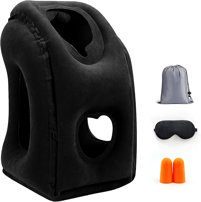 Inflatable Travel Pillow for Airplanes, Airplane Pillow for Long Flight Comfortably Supports, Used for Planes, Trains, Cars, Includes Storage Bag, Eye Mask & Earplugs (Black)