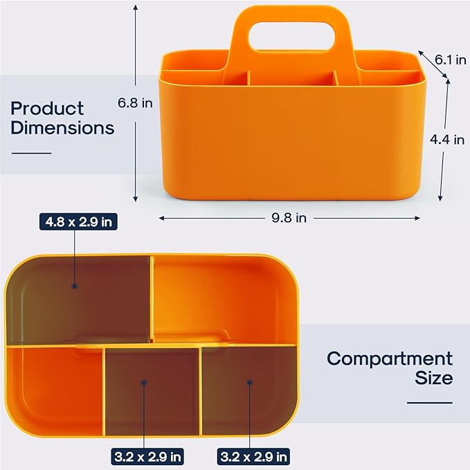 Multiuse Caddy Organizer with Handle, Portable Divided Plastic Tote Bin - Art Craft, Stationary Pen Marker Crayon, Makeup Hair Supplies Storage - Bathroom, Classroom, Dorm, Office, Desk Holder -Orange