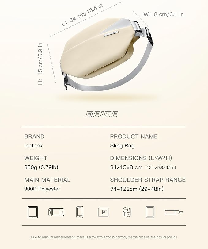 Inateck Sling Bag X, Multi-pocket Crossbody Shoulder Chest Bag with Adjustable Shoulder Strap, Water-resistant Waist Fanny Pack for Men, Women, Travel, Daily Use, Cycling, Hiking, Beige, Large