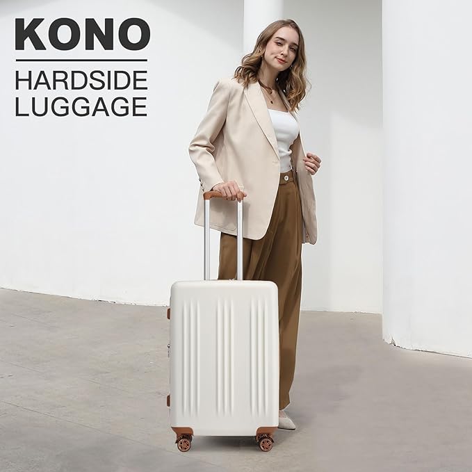 Kono Lightweight 24 Inch Expandable Luggage with Quiet Spinner Wheels TSA Lock, Scratch and Drop Resistant PC+ABS Hardside Durable Medium Checked Suitcase, Cream White & Brown