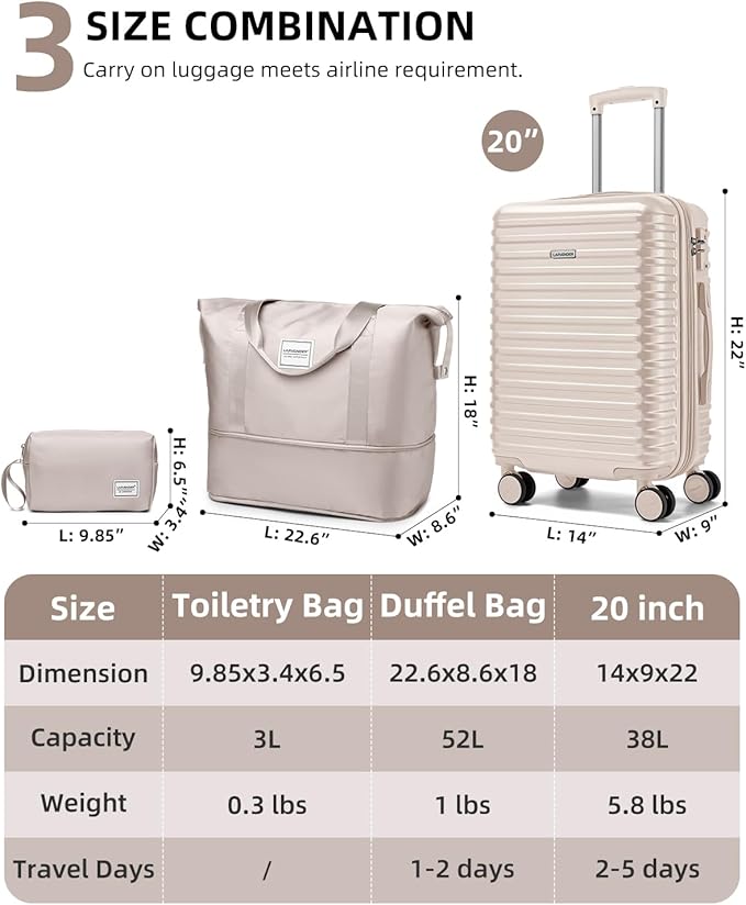 LARVENDER Carry on Luggage 22x14x9 Airline Approved, Expandable 20 Inch Hardside Suitcase with Wheels TSA Lock, PC+ABS Lightweight Carry on Suitcases for Women and Men, Champagne (20/DB/TB)