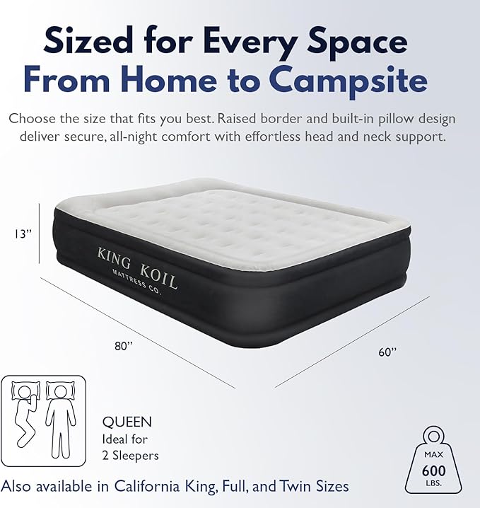 King Koil Luxury Camping Air Mattress Queen Size with Built-in Pump, Portable Travel Airbed, Waterproof Durable Inflatable Double High Blow Up Bed, 1-Year Warranty Manufacturer Warranty