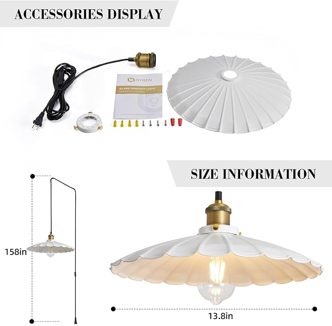 Plug in Pendant Light 13.8 Inch Round Metal Shade Vintage White Pendant Light for Kitchen Island 13Ft Adjustable Dome Industrial Hanging Lamp Living Room