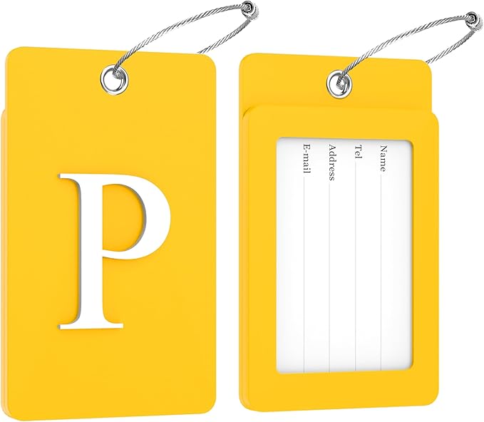 Gostwo 2 Pack Luggage Tags for Suitcases, 26 Initial Letter Travel Luggage Baggage Identification Labels ID Tag Fully Bendable Tags with Stainless Steel Loop (Yellow) (Letter P)