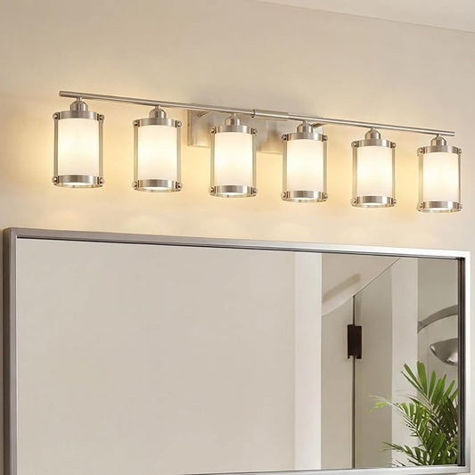 6-Light Brushed Nickel Bathroom Light Fixtures Over Mirror with Frosted Milk Glass and Metal Cage Shade, 42" UL-Listed Modern Farmhouse Wall Sconce for Bath, Hardwire E26, OS-3014BNW-6W