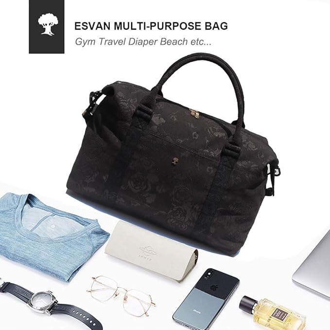 ESVAN Travel Tote Duffel Gym Bag,Weekender Overnight Carry-on Tote Crossbody Bag with Wet Pocket and Trolley Sleeve Upgraded